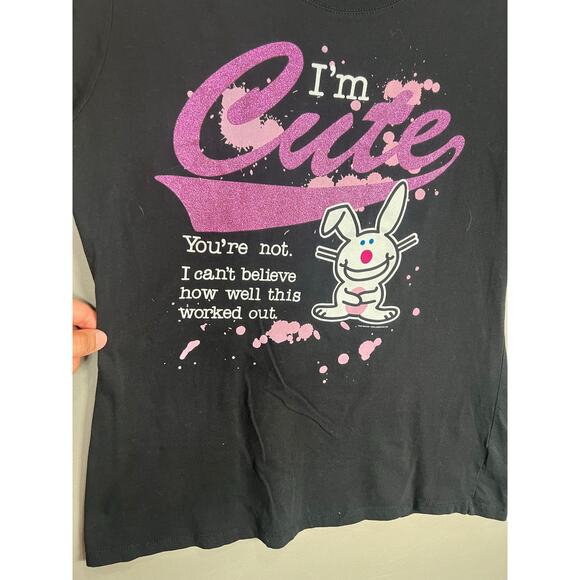 Happy Bunny "I'm Cute You're Not" Black T Shirt Jim Benton Juniors XL Y2K Fairy - Picture 10 of 11